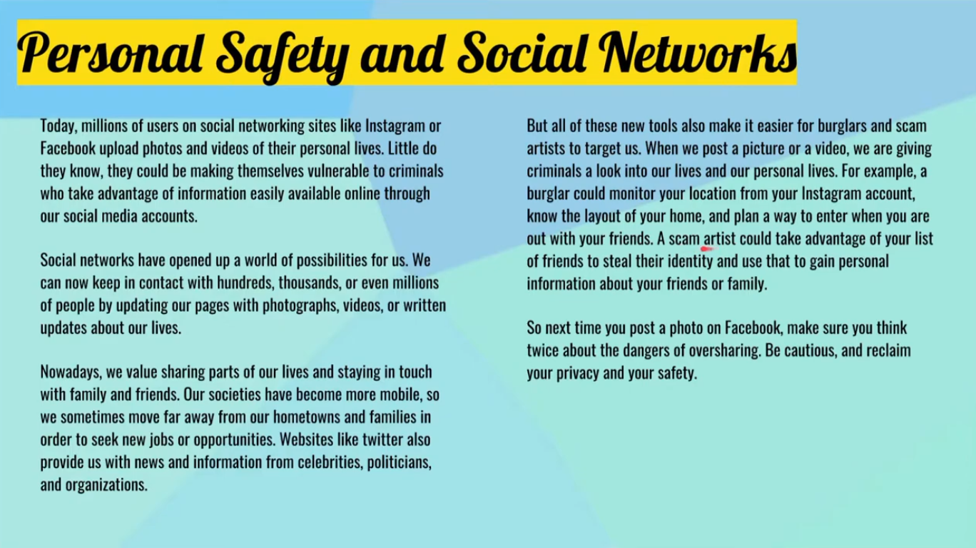 Reading – Safety and Social Networks